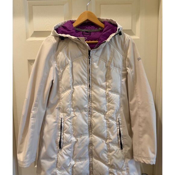 Guess Womens White Quilted Coat With Hood & Purple Lining - Size Small - Stylish - Picture 5 of 8